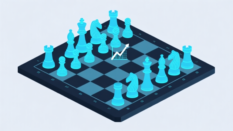 自动生成图片: Ilustrasi minimalis papan catur digital dengan bidak-bidak yang disinari garis-garis data berwarna biru muda, simbol analisis dan pembelajaran, gaya profesional yang bersih high quality illustration, detailed, 16:9