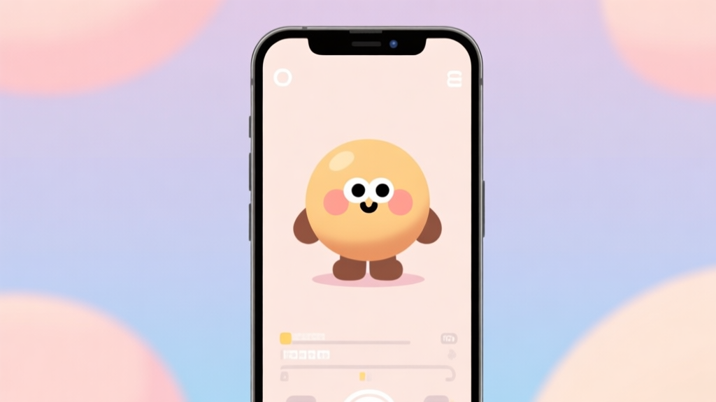 Ilustrasi minimalis karakter game bulat dan lucu (seperti Pou) di tengah layar ponsel, dengan latar belakang warna pastel yang lembut, desain bersih dan modern, gaya ilustrasi konsep game kasual high quality illustration, detailed, 16:9