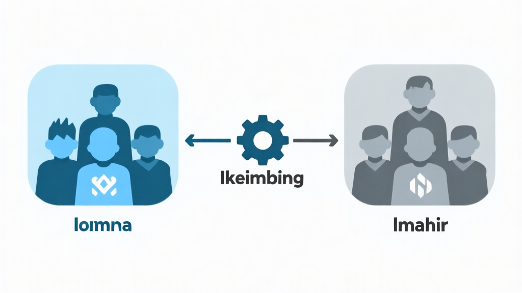 Ilustrasi grafis sederhana yang menunjukkan dua grup avatar pemain game (satu grup dengan ikon pemula, satu grup dengan ikon mahir) dipisahkan oleh garis, lalu sistem matchmaking (dilambangkan dengan ikon roda gigi) menghubungkan pemain dari grup yang seimbang. Gaya minimalis, warna biru muda dan abu-abu, latar belakang bersih. high quality illustration, detailed, 16:9