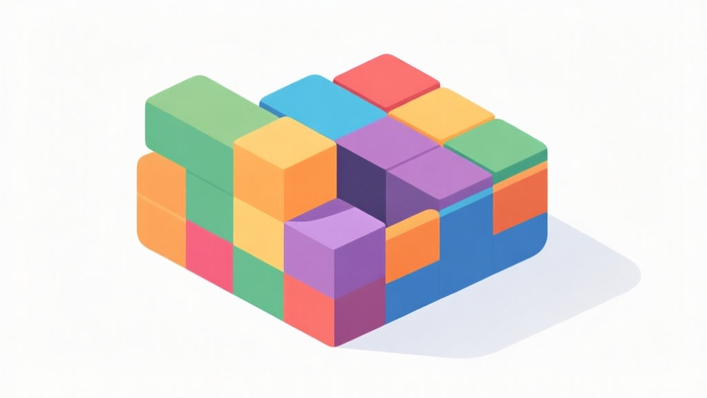 Ilustrasi digital minimalis dengan blok-blok Tetris berwarna-warni yang tersusun membentuk ikon grup atau komunitas, latar belakang putih bersih, gaya flat design yang modern high quality illustration, detailed, 16:9