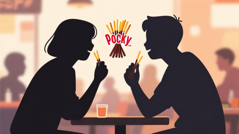 自动生成图片: Ilustrasi dua siluet orang bermain Pocky Game dengan biskuit Pocky di antara mereka, latar belakang blur dengan suasana nongkrong santai, warna hangat dan soft, gaya ilustrasi minimalis dan modern high quality illustration, detailed, 16:9