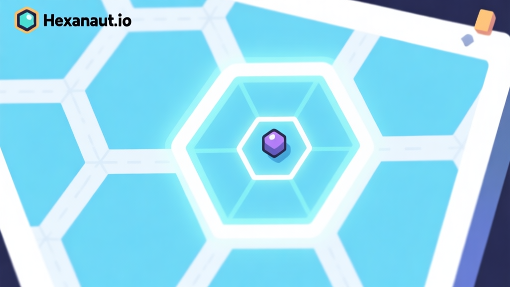 Ilustrasi peta Hexanaut.io dengan grid heksagonal, menunjukkan pemain (segi enam kecil) dan garis terang yang mengelilingi area klaim, warna biru muda dan putih, desain minimalis, gaya game browser high quality illustration, detailed, 16:9