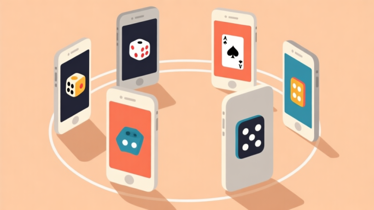 自动生成图片: Ilustrasi minimalis beberapa ponsel cerdas dengan layar menunjukkan ikon game kasual populer seperti dadu, kartu, dan domino, ditempatkan dalam lingkaran sosial, warna hangat dan netral, gaya datar yang bersih high quality illustration, detailed, 16:9
