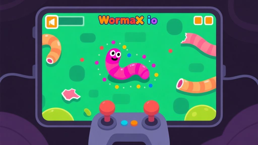 Ilustrasi layar permainan Wormax.io yang menunjukkan cacing pemain (worm) berwarna cerah dikelilingi titik-titik kecil (dots) dan potongan tubuh cacing lain, dengan kontrol virtual joystick di bagian bawah, gaya visual game yang sederhana dan jelas high quality illustration, detailed, 16:9