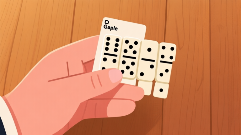 自动生成图片: Ilustrasi minimalis tangan memegang kartu domino Gaple yang tersusun rapi membentuk garis, latar belakang kayu hangat, suasana santai, desain bersih high quality illustration, detailed, 16:9