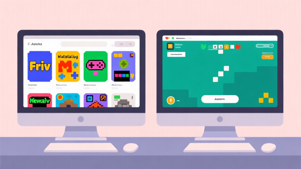 Ilustrasi minimalis dua layar komputer berdampingan, satu menampilkan katalog game klasik berwarna-warni (mewakili Friv), satu lagi menampilkan antarmuka platform game modern yang bersih. Skema warna pastel, desain flat, konsep perbandingan zaman. high quality illustration, detailed, 16:9