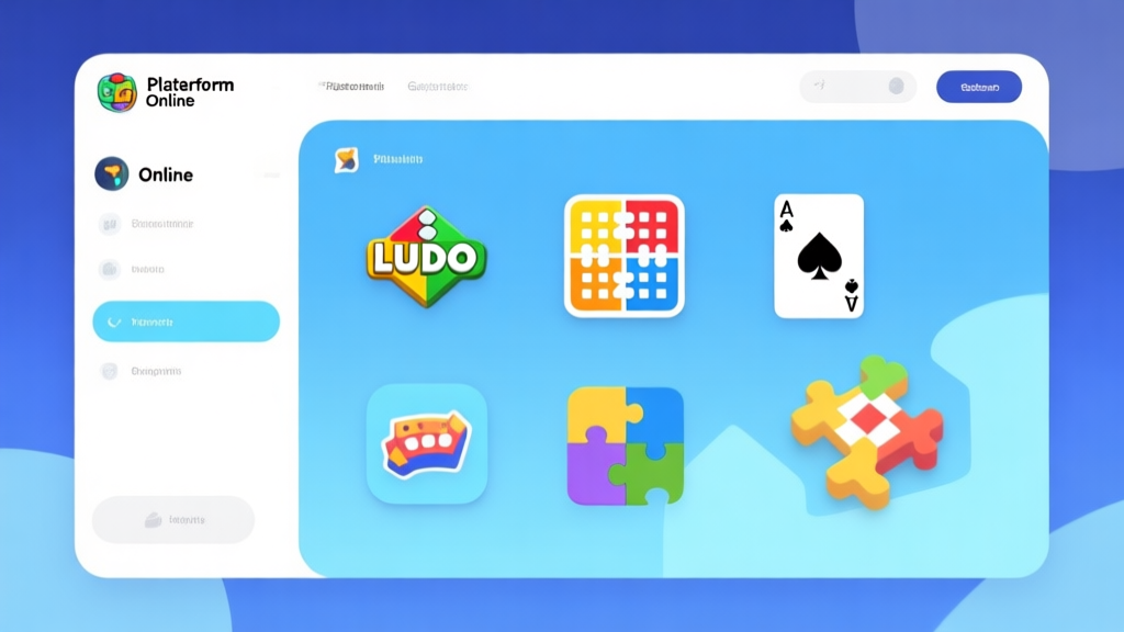 Ilustrasi antarmuka platform game online yang bersih dan modern, menampilkan beberapa ikon game populer seperti papan Ludo, kartu, dan puzzle, dengan skema warna biru muda dan putih, desain minimalis high quality illustration, detailed, 16:9