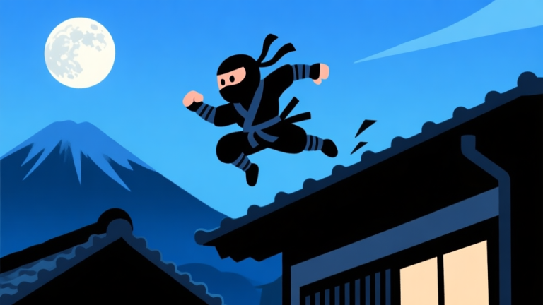 自动生成图片: Ilustrasi gaya game mobile dengan karakter ninja kartun sedang melompati atap rumah tradisional Jepang, latar belakang gunung dan bulan purnama, warna dominan biru tua dan hitam, desain clean dan menarik high quality illustration, detailed, 16:9