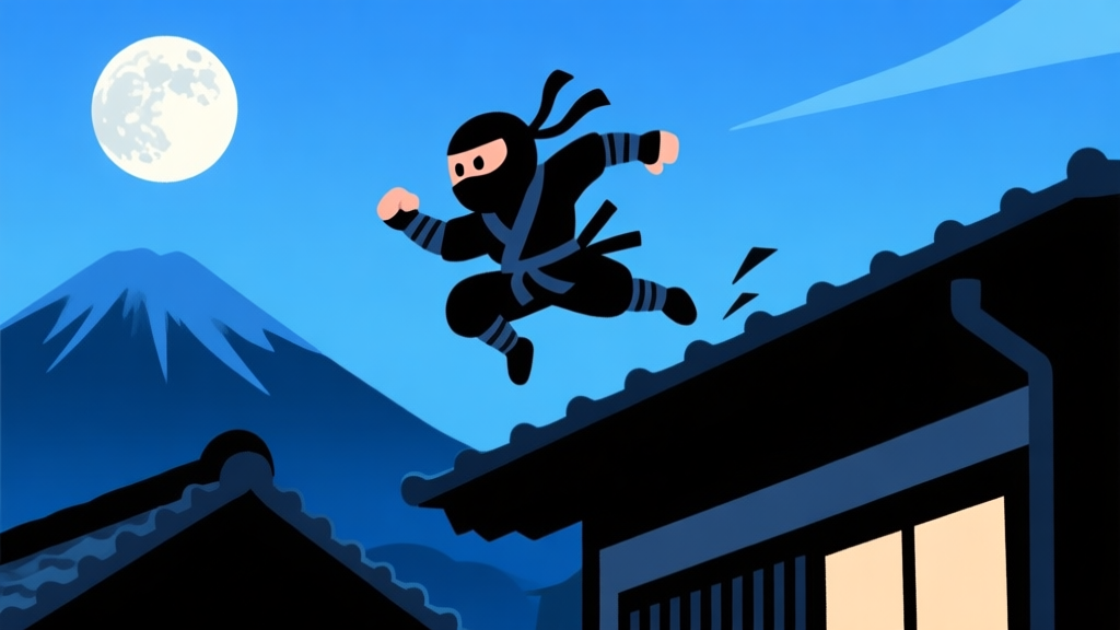 Ilustrasi gaya game mobile dengan karakter ninja kartun sedang melompati atap rumah tradisional Jepang, latar belakang gunung dan bulan purnama, warna dominan biru tua dan hitam, desain clean dan menarik high quality illustration, detailed, 16:9