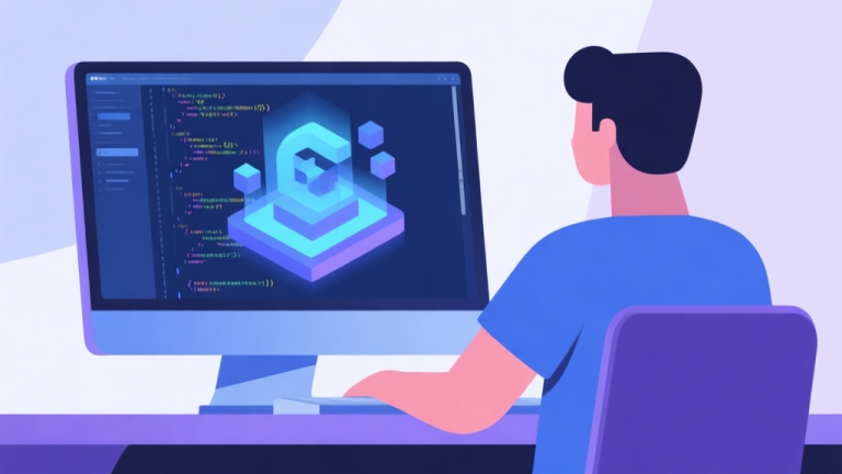 自动生成图片: Ilustrasi minimalis seorang developer game di depan layar komputer yang menampilkan kode dan visual 3D yang memukau, skema warna biru dan ungu lembut, gaya profesional dan abstrak high quality illustration, detailed, 16:9