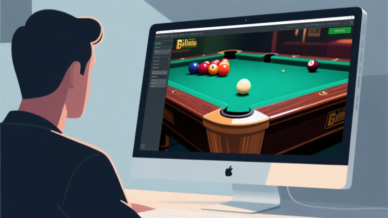 自动生成图片: Ilustrasi konseptual seorang kreator digital di depan layar komputer yang menampilkan grafis game billiard yang sangat realistis, dengan cahaya lembut dan detail tekstur yang tajam, gaya minimalis dan profesional high quality illustration, detailed, 16:9
