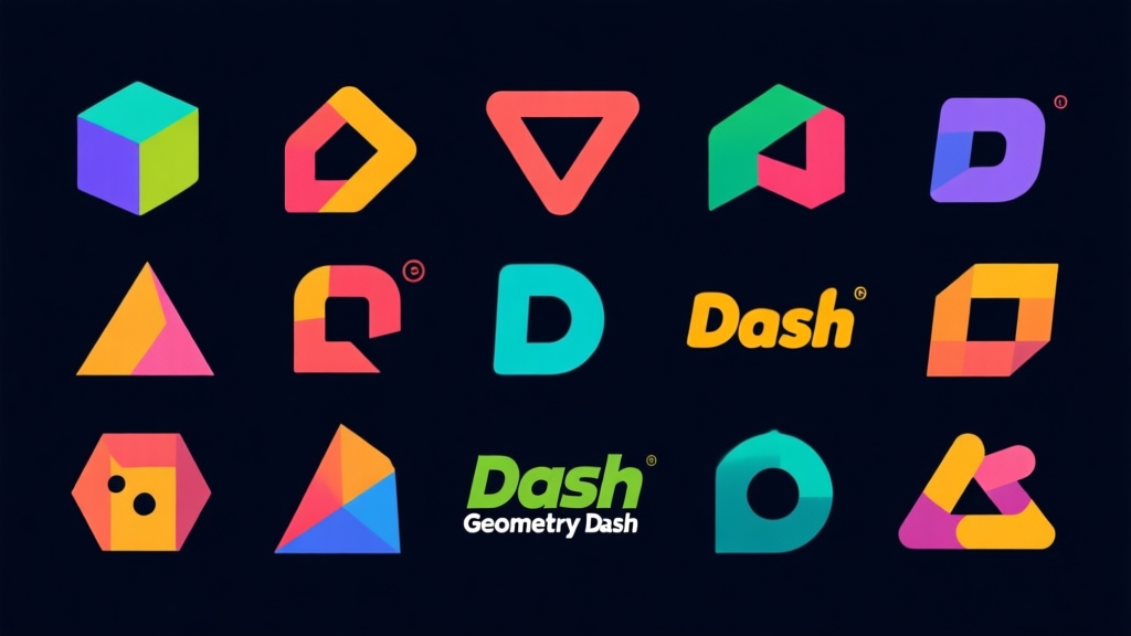 Ilustrasi minimalis berbagai logo Geometry Dash dengan bentuk geometris dan warna-warna cerah namun tidak terlalu mencolok, tersusun rapi di atas latar belakang gelap, gaya desain clean dan modern high quality illustration, detailed, 16:9