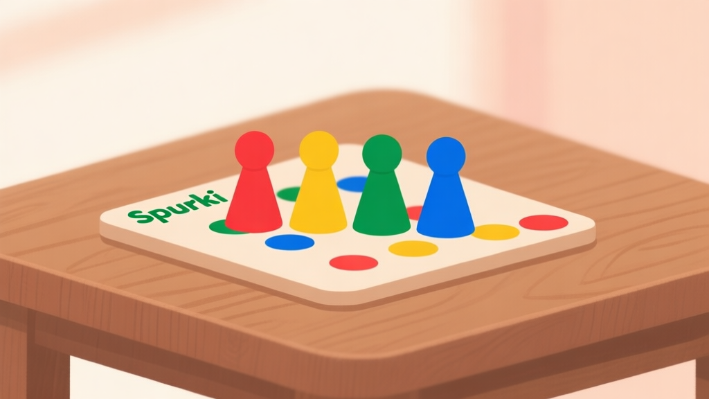 Ilustrasi minimalis papan permainan Spurki dengan empat warna bidak berbeda (merah, kuning, hijau, biru) di atas meja kayu, latar belakang lembut, gaya desain bersih dan informatif high quality illustration, detailed, 16:9