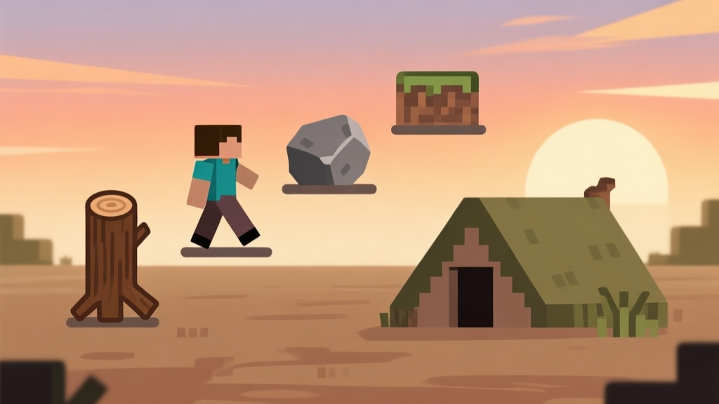 Ilustrasi minimalis langkah-langkah bertahan hidup di Minecraft, menunjukkan ikon kayu, batu, dan tempat berlindung sederhana, dengan warna tanah dan langit senja, gaya clean dan informatif high quality illustration, detailed, 16:9