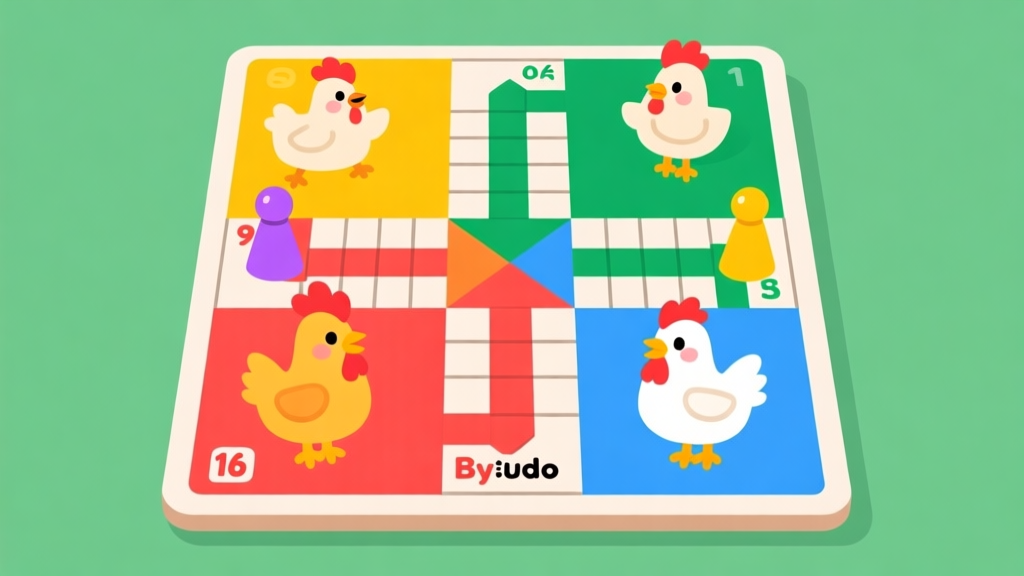 Ilustrasi papan permainan Ludo dengan tema ayam yang lucu, pion berbentuk karakter ayam berwarna-warni, desain minimalis dan cerah, gaya ilustrasi digital yang bersih high quality illustration, detailed, 16:9