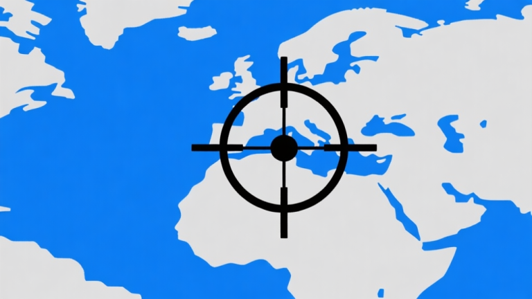 自动生成图片: Ilustrasi minimalis dengan dua elemen utama: sebuah crosshair atau bidikan yang tepat di tengah, dan peta strategis dengan area berwarna, semuanya dalam skema warna biru dan abu-abu yang bersih, gaya infografis game high quality illustration, detailed, 16:9