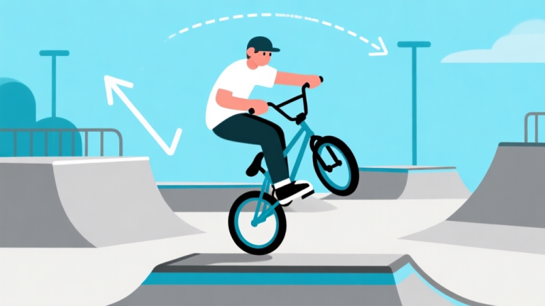 自动生成图片: Ilustrasi minimalis seorang karakter game sedang melakukan trik dasar di atas sepeda BMX di tengah jalur skatepark, dengan panah dan garis yang menunjukkan gerakan, skema warna biru muda dan abu-abu, gaya desain bersih dan modern high quality illustration, detailed, 16:9