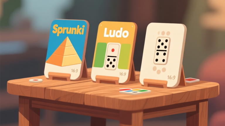 自动生成图片: Komposisi visual tiga papan game berbeda (Sprunki Pyramid, Ludo, Domino) diletakkan berdampingan di atas meja kayu dengan latar belakang blur, gaya ilustrasi digital yang bersih dan informatif, skema warna hangat dan netral high quality illustration, detailed, 16:9