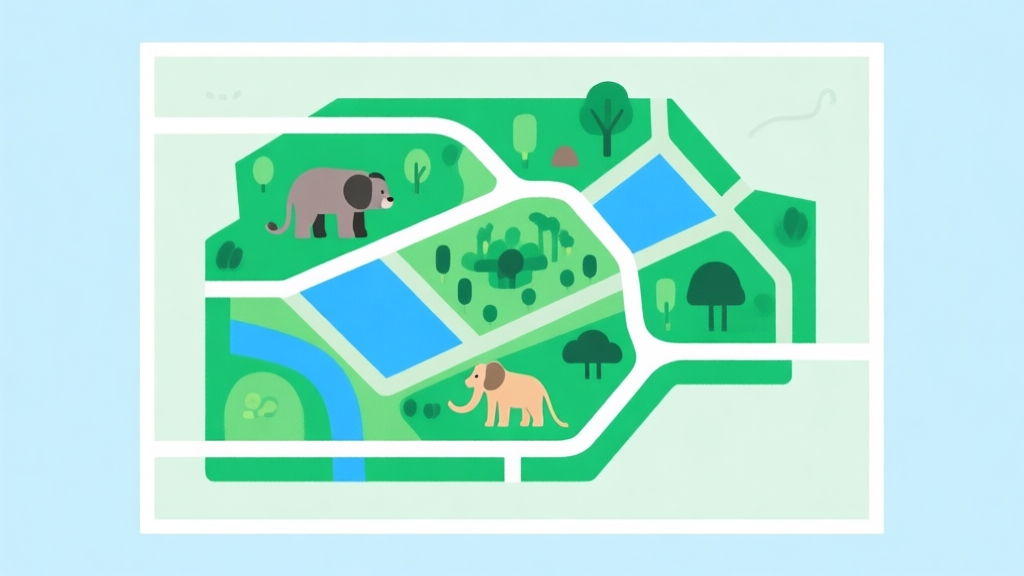 Ilustrasi minimalis peta kebun binatang dengan jalur dan area berbeda, skema warna hijau dan biru muda, desain bersih, gaya infografis high quality illustration, detailed, 16:9