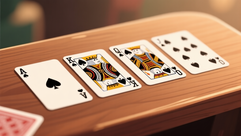 自动生成图片: Komposisi minimalis kartu remi poker (As, King, Queen, Jack, dan angka) tersusun rapi di atas meja kayu dengan latar belakang soft focus, warna hangat dan natural, gaya ilustrasi clean dan informatif high quality illustration, detailed, 16:9