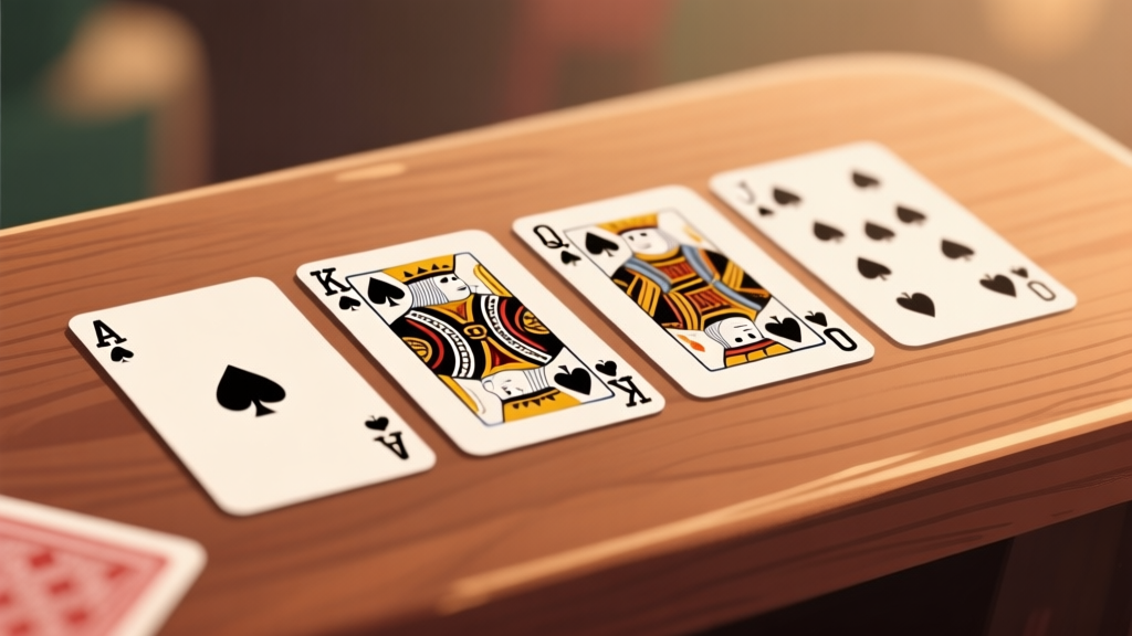 Komposisi minimalis kartu remi poker (As, King, Queen, Jack, dan angka) tersusun rapi di atas meja kayu dengan latar belakang soft focus, warna hangat dan natural, gaya ilustrasi clean dan informatif high quality illustration, detailed, 16:9