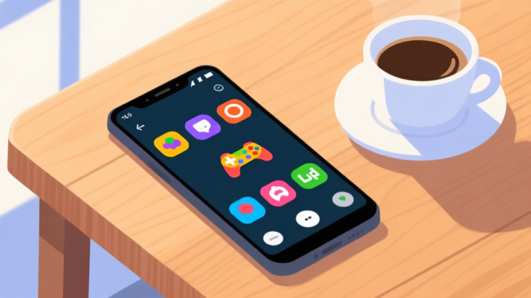 自动生成图片: Ilustrasi minimalis ponsel Android dengan beberapa ikon game idle berwarna cerah di layar, diletakkan di atas meja kayu dengan secangkir kopi, suasana santai dan terang, gaya flat design high quality illustration, detailed, 16:9