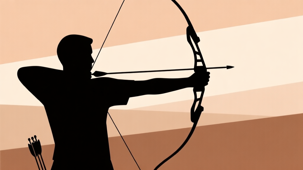 Ilustrasi minimalis seorang panahan dalam posisi siap memanah, fokus pada siluet dan garis busur, latar belakang abstrak dengan gradien warna earth tone, gaya clean dan profesional high quality illustration, detailed, 16:9