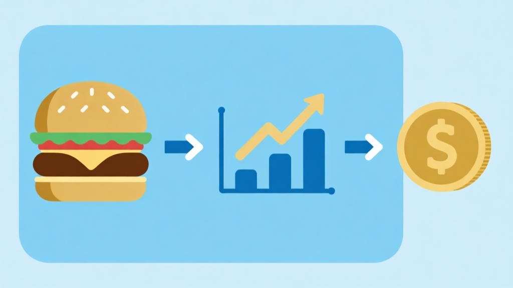Ilustrasi minimalis dari diagram alur produksi burger, dengan ikon panah dan grafik pertumbuhan koin, skema warna biru muda dan emas, desain bersih, gaya infografis bisnis high quality illustration, detailed, 16:9