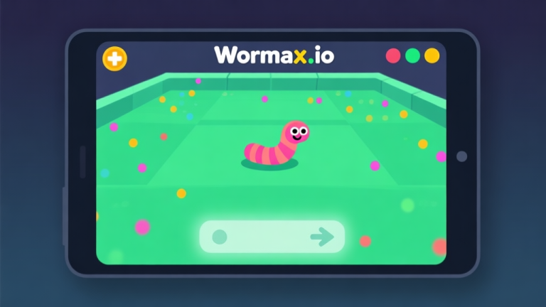 自动生成图片: Ilustrasi minimalis layar permainan Wormax.io, menunjukkan cacing kecil berwarna cerah di tengah arena penuh titik-titik, dengan kontrol panah virtual samar di bagian bawah, gaya flat design yang bersih high quality illustration, detailed, 16:9