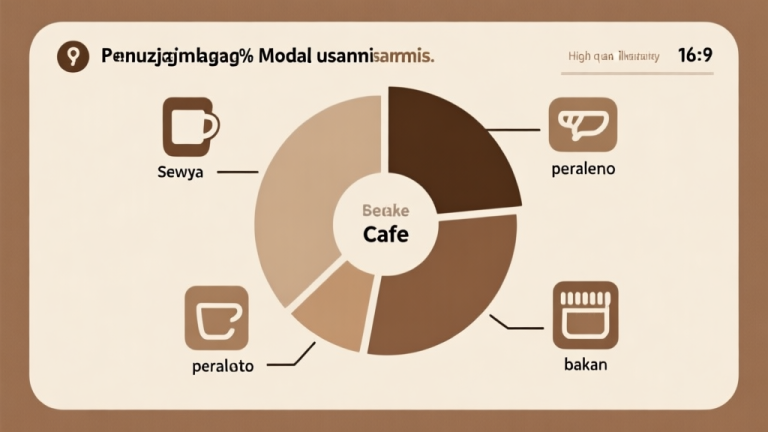 自动生成图片: Infografis minimalis dengan bagan pie yang menunjukkan pembagian modal usaha kafe, seperti sewa, peralatan, dan bahan baku. Warna earth tone, desain bersih dengan ikon-ikon sederhana, gaya presentasi bisnis profesional. high quality illustration, detailed, 16:9