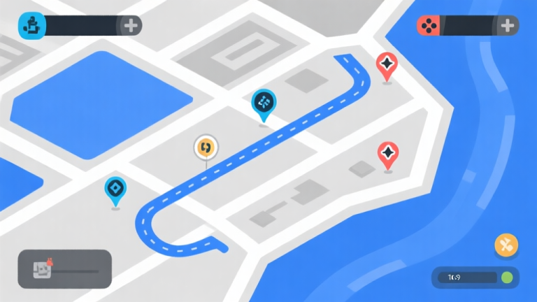 自动生成图片: Ilustrasi konseptual peta game video dengan jalur, zona, dan ikon strategis yang ditandai, gaya minimalis dengan warna biru dan abu-abu, desain clean dan informatif high quality illustration, detailed, 16:9