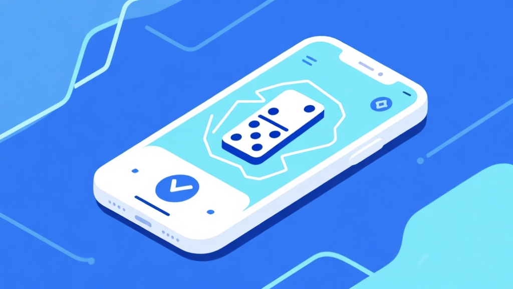 Ilustrasi minimalis layar aplikasi game di ponsel dengan ikon domino dan grafik garis yang dinamis, skema warna biru muda dan putih, desain bersih, gaya UI modern high quality illustration, detailed, 16:9