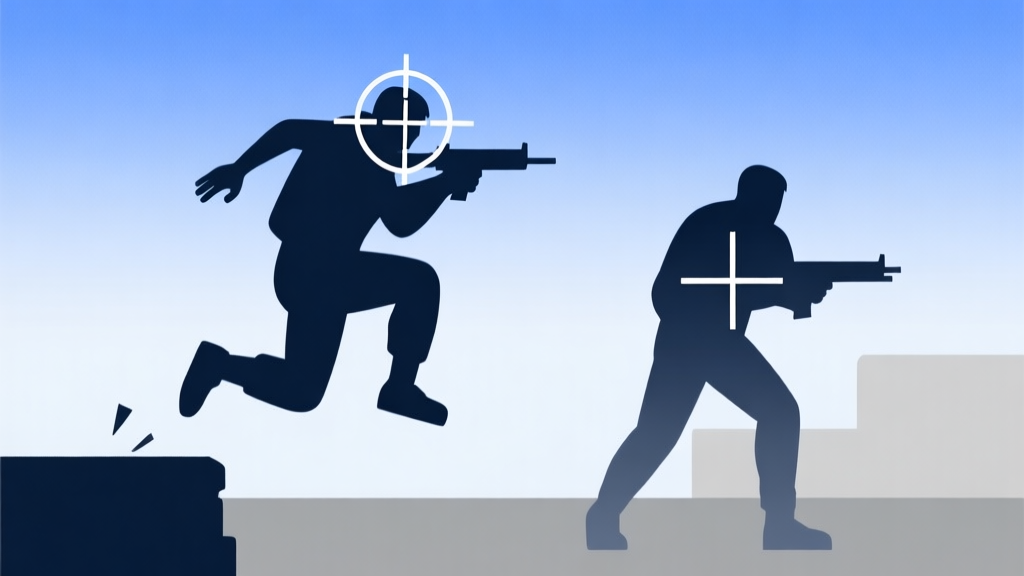 Ilustrasi minimalis dua karakter siluet dalam game FPS, satu dengan crosshair tepat di kepala musuh dan gerakan melompat, yang lain dengan crosshair kosong dan diam, skema warna biru dan abu-abu, gaya diagram konsep yang bersih high quality illustration, detailed, 16:9