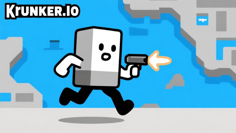 自动生成图片: Ilustrasi grafis blok khas game Krunker.io dengan karakter sederhana sedang berlari dan menembak, latar belakang peta yang familiar, skema warna biru dan abu-abu yang bersih, gaya minimalis dan retro high quality illustration, detailed, 16:9