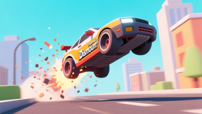 自动生成图片: Ilustrasi gaya game Turbo Dismount yang menunjukkan kendaraan meluncur di udara dengan partikel efek fisik, latar belakang kota 3D sederhana, warna cerah namun tidak terlalu mencolok, desain minimalis yang fokus pada aksi high quality illustration, detailed, 16:9