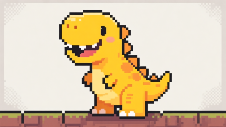 自动生成图片: Karakter dinosaurus kecil berwarna kuning cerah dengan senyum ramah, berdiri di latar belakang piksel sederhana, gaya game 2D retro, ilustrasi digital yang bersih high quality illustration, detailed, 16:9