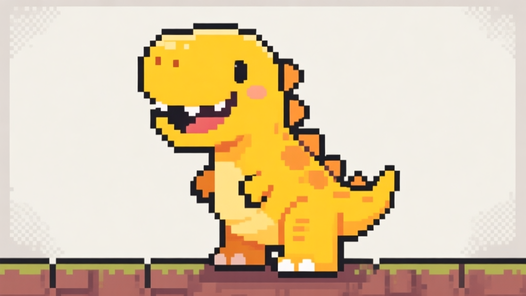 Karakter dinosaurus kecil berwarna kuning cerah dengan senyum ramah, berdiri di latar belakang piksel sederhana, gaya game 2D retro, ilustrasi digital yang bersih high quality illustration, detailed, 16:9