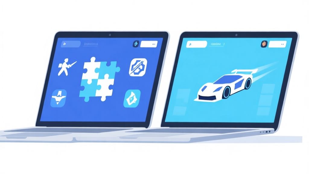 Ilustrasi minimalis dua layar laptop berdampingan menampilkan antarmuka game online yang berbeda, dengan ikon-ikon game khas seperti puzzle, aksi, dan balapan. Skema warna biru muda dan putih, desain bersih, gaya infografis digital high quality illustration, detailed, 16:9