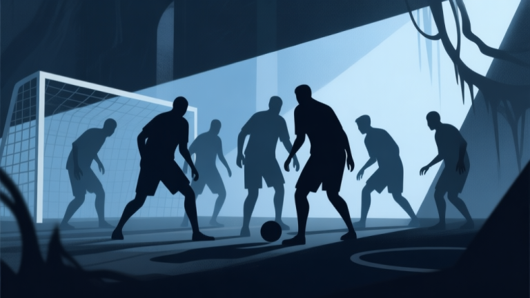 自动生成图片: Ilustrasi abstrak dari beberapa siluet pemain yang bekerja sama dalam lingkungan game gelap dan misterius, dengan elemen cahaya lemah dan bayangan yang menakutkan, gaya minimalis dengan skema warna biru tua dan abu-abu, konsep horor sosial high quality illustration, detailed, 16:9