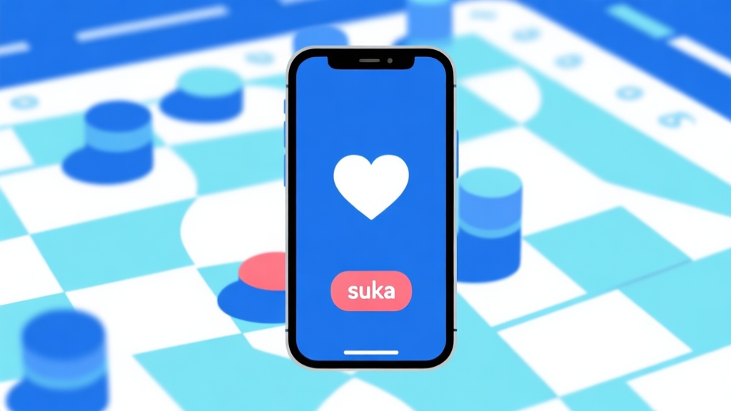 Ilustrasi minimalis tombol "suka" hati di layar ponsel dengan latar belakang permainan papan abstrak, skema warna biru muda dan putih, desain bersih, konsep koneksi sosial digital high quality illustration, detailed, 16:9