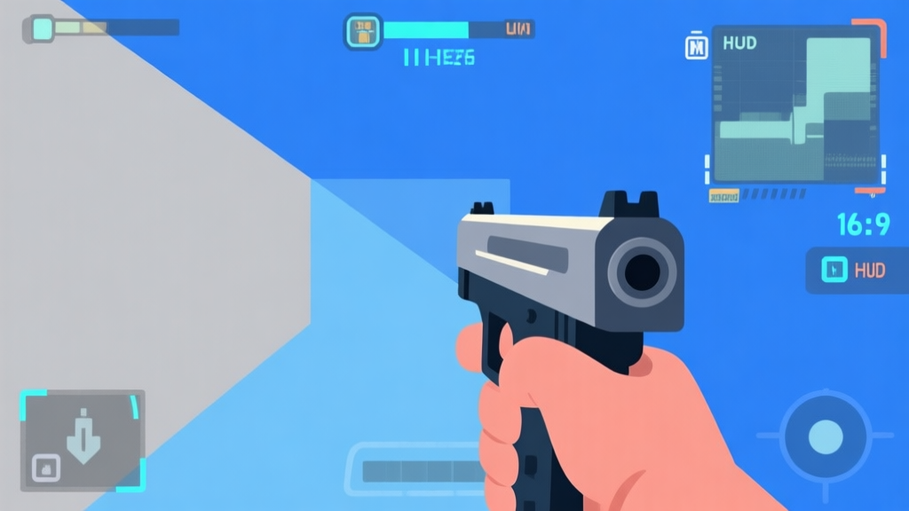 Ilustrasi minimalis dari sudut pandang karakter pertama (first-person) dalam game, menunjukkan tangan memegang senjata dan tampilan heads-up display (HUD) yang bersih, dengan warna biru dan abu-abu yang dominan, gaya visual game yang modern high quality illustration, detailed, 16:9