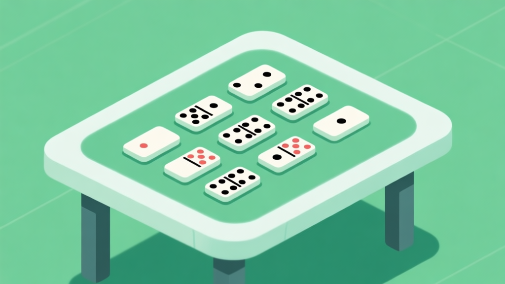 Ilustrasi minimalis kartu domino gaple yang tersusun rapi di atas meja virtual dengan latar belakang hijau lembut, desain bersih dan modern, gaya ilustrasi konsep game online high quality illustration, detailed, 16:9