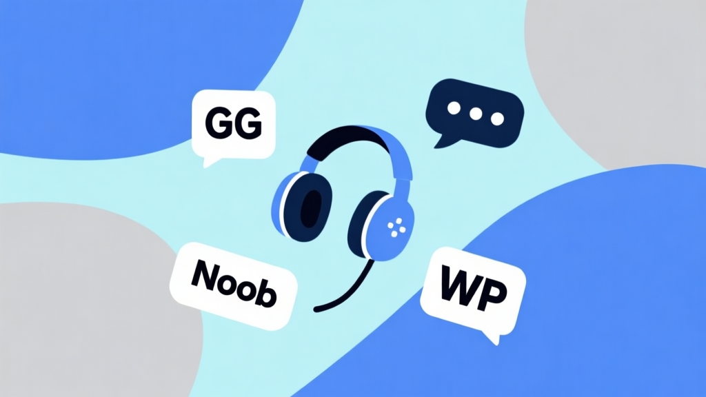 Ilustrasi grafis minimalis dengan ikon headset game, simbol chat bubble, dan kata-kata slang seperti "GG", "Noob", "WP" melayang di latar belakang abstrak, skema warna biru muda dan abu-abu, gaya clean dan modern high quality illustration, detailed, 16:9