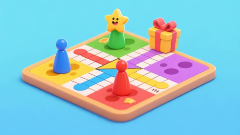 自动生成图片: Ilustrasi digital papan permainan Ludo dengan empat bidak warna berbeda berada di jalur finish, ditumpangi oleh ikon bintang dan hadiah, gaya kartun yang cerah dan ramah, latar belakang biru muda high quality illustration, detailed, 16:9