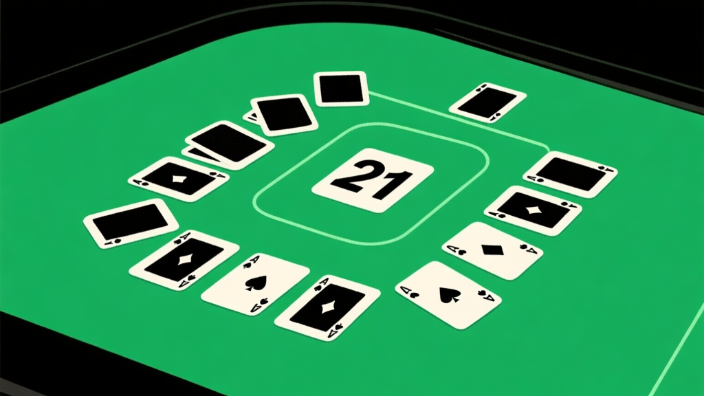 Ilustrasi minimalis kartu remi blackjack yang tersusun rapi di atas meja hijau, dengan highlight pada angka 21, desain bersih dengan skema warna hijau dan hitam yang elegan, gaya konsep permainan high quality illustration, detailed, 16:9