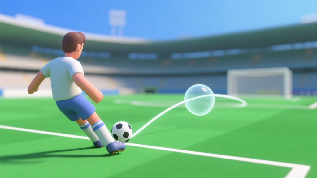 Ilustrasi gaya game sepak bola 3D yang menunjukkan pemain bersiap melakukan tendangan bebas, dengan garis lintasan bola melengkung yang transparan menuju sudut gawang. Tampilan dari belakang pemain, dengan stadion blur di latar belakang. Gaya minimalis, warna dominan hijau lapangan dan biru langit. high quality illustration, detailed, 16:9