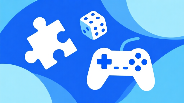 自动生成图片: Komposisi ilustrasi dengan ikon game bergaya minimalis seperti puzzle piece, dice, dan game controller dengan warna tema biru dan putih es, latar belakang abstrak biru muda, gaya clean dan modern high quality illustration, detailed, 16:9