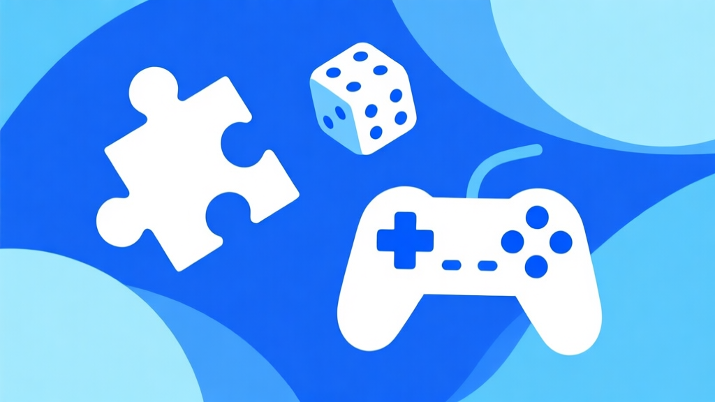 Komposisi ilustrasi dengan ikon game bergaya minimalis seperti puzzle piece, dice, dan game controller dengan warna tema biru dan putih es, latar belakang abstrak biru muda, gaya clean dan modern high quality illustration, detailed, 16:9