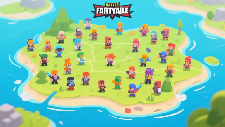 自动生成图片: Ilustrasi konsep battle royale dengan banyak karakter kecil di peta pulau yang luas, gaya kartun yang bersih, warna cerah namun tidak terlalu mencolok, menunjukkan suasana kompetisi online high quality illustration, detailed, 16:9