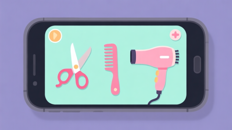 自动生成图片: Ilustrasi minimalis layar permainan ponsel dengan ikon gunting, sisir, dan pengering rambut, skema warna pastel lembut, desain bersih, gaya antarmuka game simulasional high quality illustration, detailed, 16:9
